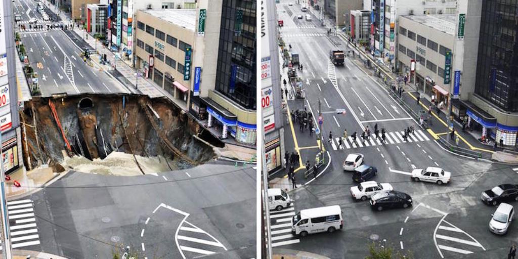 Spaventosa voragine per strada in Giappone: ecco come è successo [VIDEO]